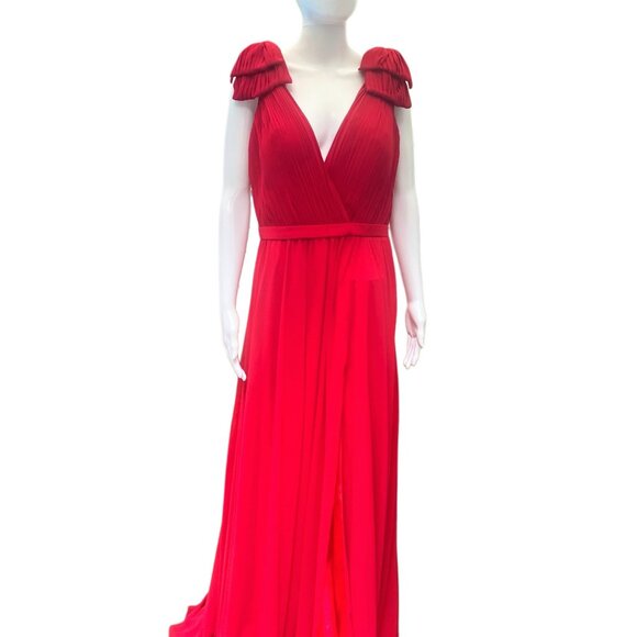 Flowy Red Evening Gown With Pleated V-Neck Bodice Dramatic Shoulder Bows & Back - Picture 5 of 10